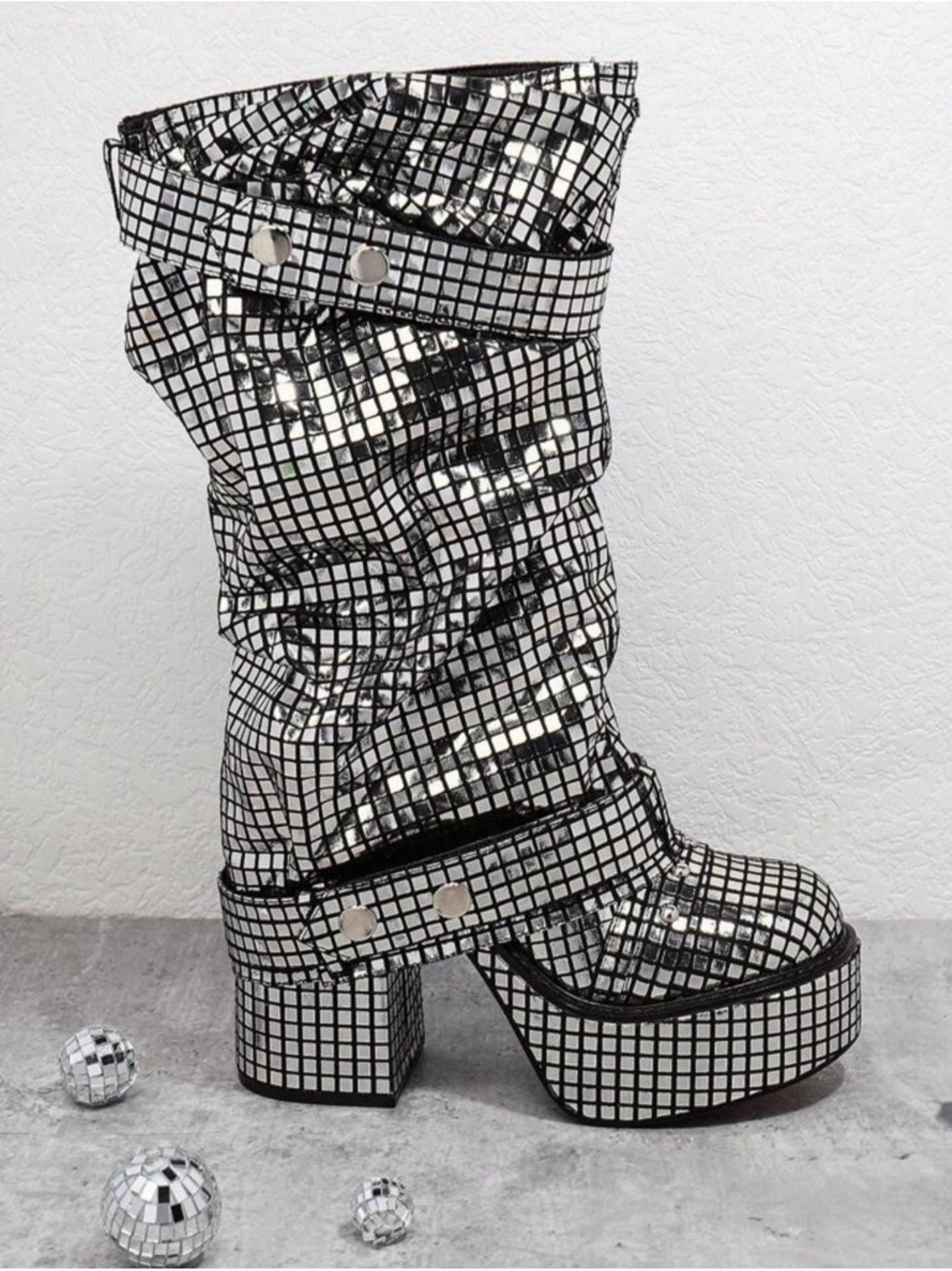 Silver Sequin Slouch Platform Mid-Calf Boots - Women - Picture 4 of 7